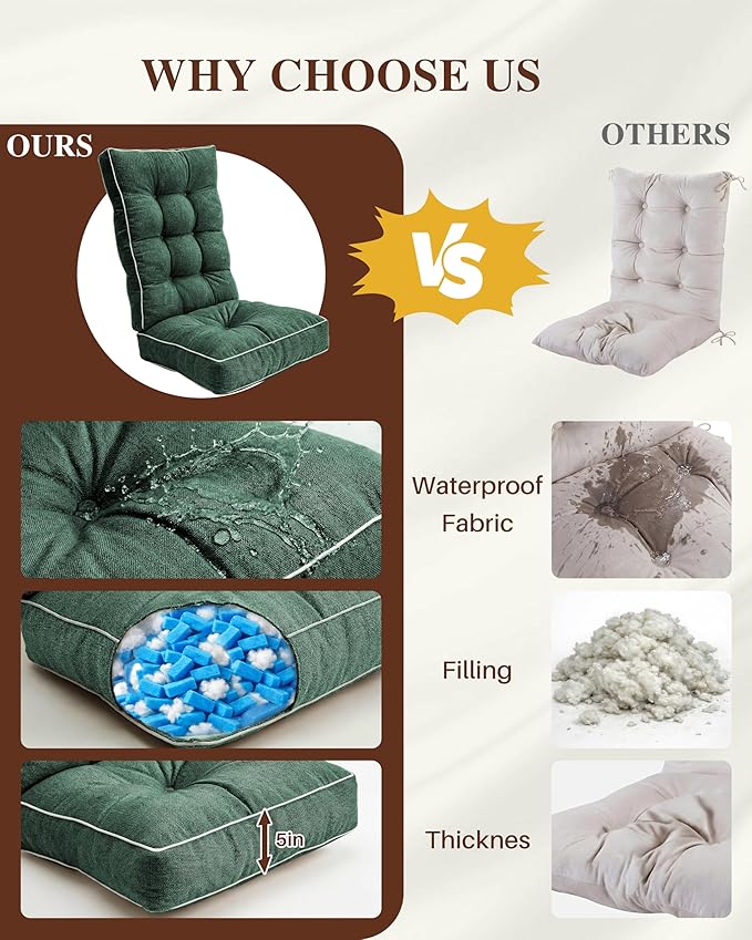 Rocking Chair Cushions Indoor, 5-inch Thicken Seat Cushion with Memory Foam Non-Slip Tufted Chair Pads Set of Seat & Back Cushion for Outdoor Rocker Living Room, Dark Green, 28x18x5/18x18x5