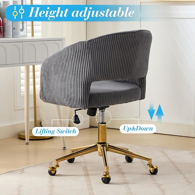 KCC Home Office Chair Swivel Desk Chair Accent Armchair Upholstered Modern Tufted Chairs with Gold Base for Girls Women Ergonomic Study Seat Computer Task Stools, with Wheels, Corduroy,Gray