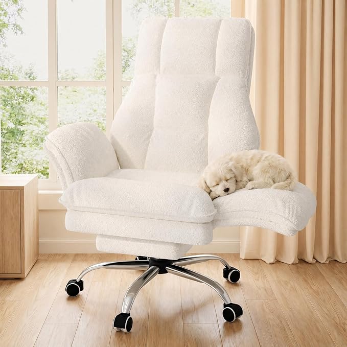 Big and Tall Office Chair, Executive Ergonomic Computer Gaming Chair with Foot Rest, Flip Armrests for Cross Legged Sitting & Pets, Teddy Fleece Wide Seat Reclining Desk Chair, White Criss Cross Chair