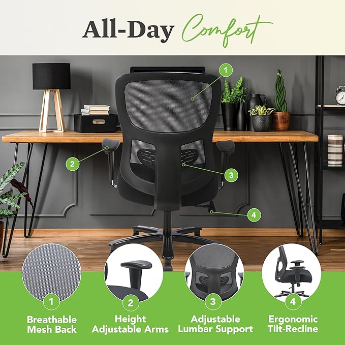 HON Sadie Big and Tall Ergonomic Office Chair with Mesh Back, Adjustable Lumbar Support and Arms, High Back Desk and Computer Chair for Home Office or Workstation, 350 lb. Weight Capacity, Black