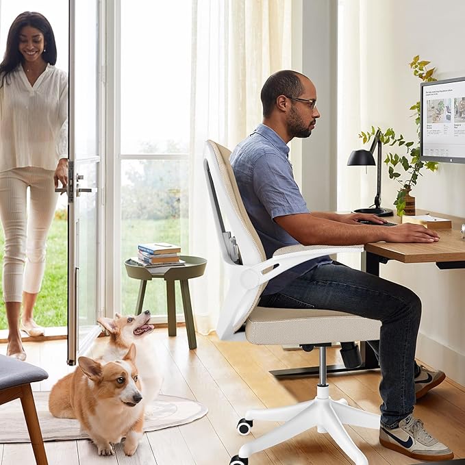 350 LBS Ergonomic Office Computer Mesh Chair - Adjustable Height Rolling Desk Chair with Flip-Up Armrests & High Back Support - Comfortable Swivel Task Chair for Home Office (02KHAKI)