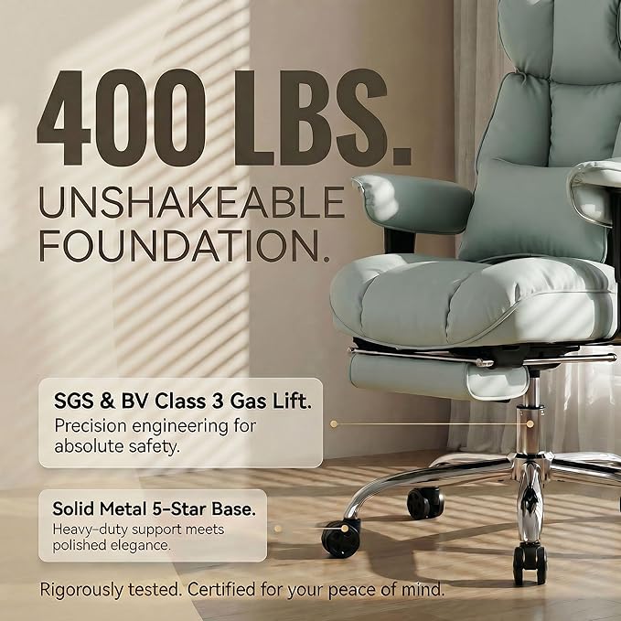 Efomao Big and Tall Office Chair 400lbs - Heavy Duty Reclining Desk Chair with Footrest, Spacious High Back PU Leather Executive Chair, Double-Layer Spring Support, Green