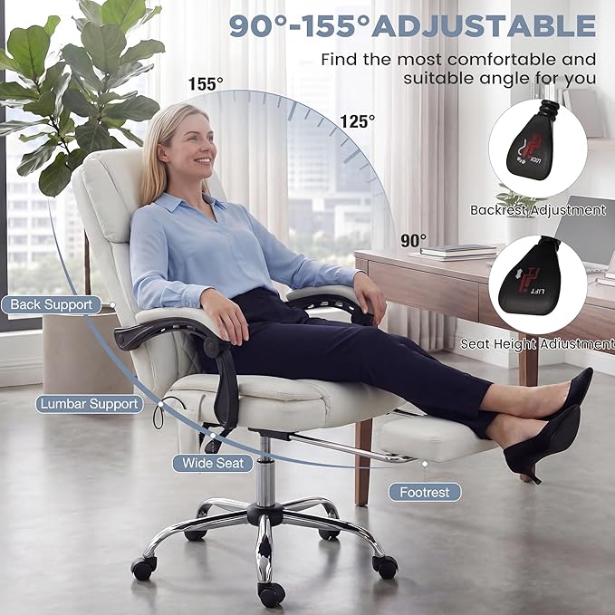 HOMREST 3D Kneading Massage Office Chair with 16 Kneading Nodes & Lumbar Support,Ergonomic Reclining Desk Chair with Footrest & Linkage Armrests,PU Leather Executive Chair with for Home Office (White)