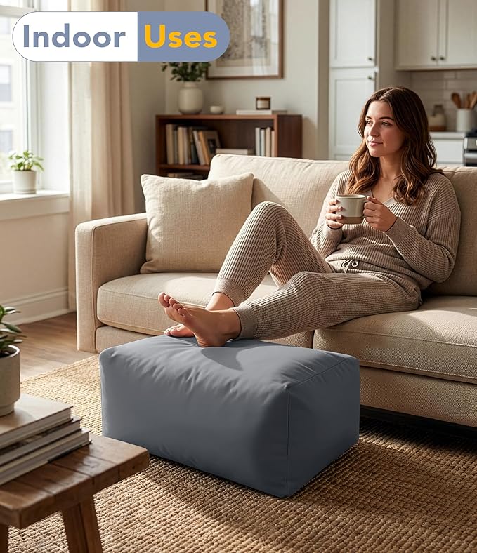 Outdoor Patio Bean Bag Ottoman - Small Beanbag Foot Rest Pouf Rectangular with Shredded Foam Filling, Splash-Proof Detachable Zipper Cover for Relaxing, Gray
