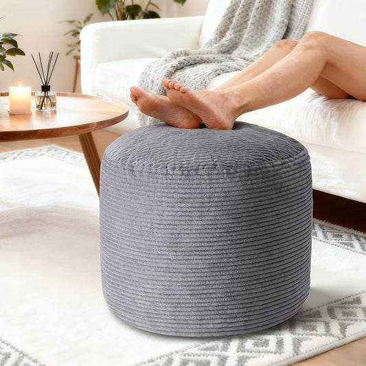26" x 26" x 18" Pouf Ottoman Foot Rest, Pre-Stuffed Round Foot Stool with Odorless Shredded Memory Foam, Furry & Fluffy Corduroy Footrest for Living Room, Dark Grey