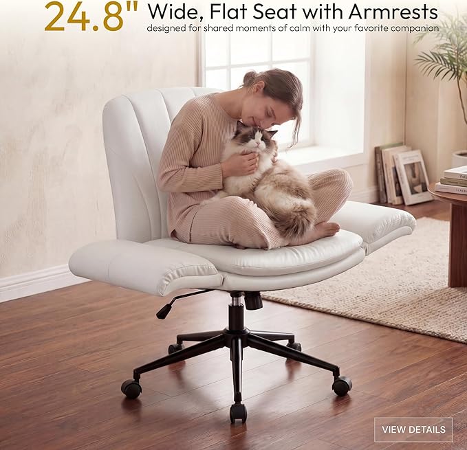 Dowinx Criss Cross Chair with Five-Level Adjustable Arms and Wheels - Comfortable Ergonomic PU Leather Swivel Vanity Chair - Computer Makeup Gaming Chair for Home Office, Bedroom, Vanity Room (Beide)