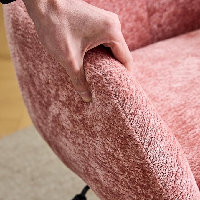 VINGLI Comfy Fuzzy Vanity Chair, Swivel Makeup Chair with Wheels, Upholstered Height Adjustable Armchair with Gold Base, Modern Ergonomic Desk Chair for Bedroom, Home Office, Pink