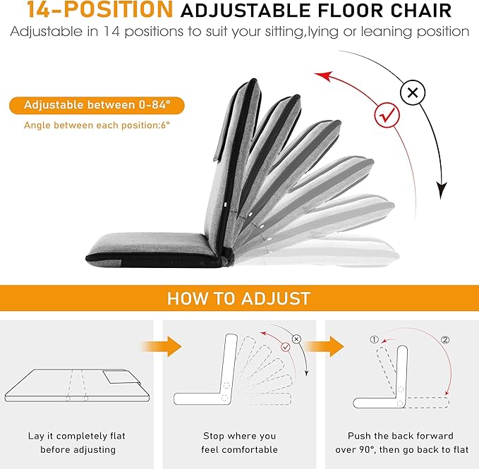 FASTMOMENT Floor Chair with Water Repellent Fabric 14-Position Adjustable Floor Chair with Back Support Portable Floor Seat for Adults Foldable Meditation Seat with Washable Cover (Dark Grey)