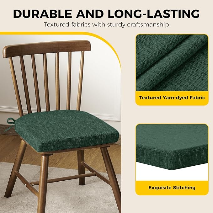 downluxe Indoor Chair Cushions for Dining Chairs, Soft and Comfortable Textured Memory Foam Kitchen Chair Pads with Ties and Non-Slip Backing, 16" x 16" x 2", Dark Green, 4 Pack