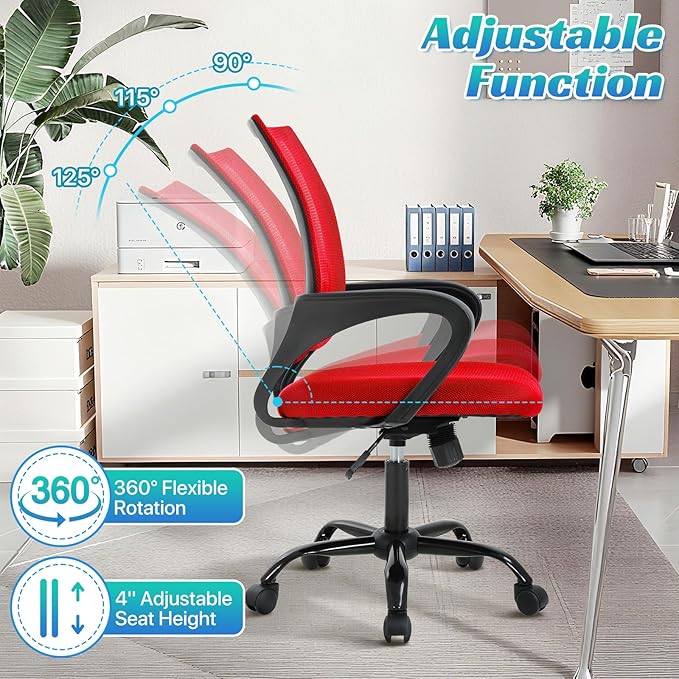 Ergonomic Office Chair Mesh Mid Back with Lumbar Support Armrest, Adjustable Home Desk Chair Comfy Computer Task Drafting Rolling Swivel Chairs for Gaming, Home Work, Study, Red