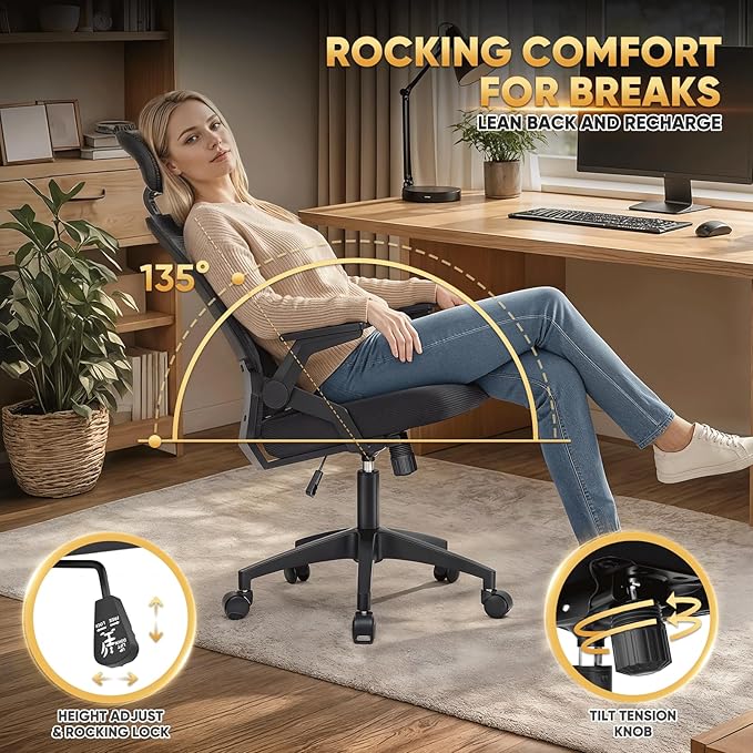 Magshion Ergonomic Office Chair with Flip-up Armrests & 3D Headrest, Swivel Mesh Desk Chair Executive Computer Chair for Home Office Study, 260 LBS Capacity, Black