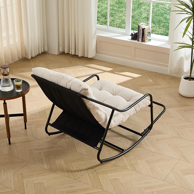 Rocking Chair with Foot Rest, Outdoor Indoor Rocking Lounge Chair with Cushion, Comfortable Patio Rocker Chairs for Patio, Porch, Garden, Living Room, Reading, Metal Frame, White
