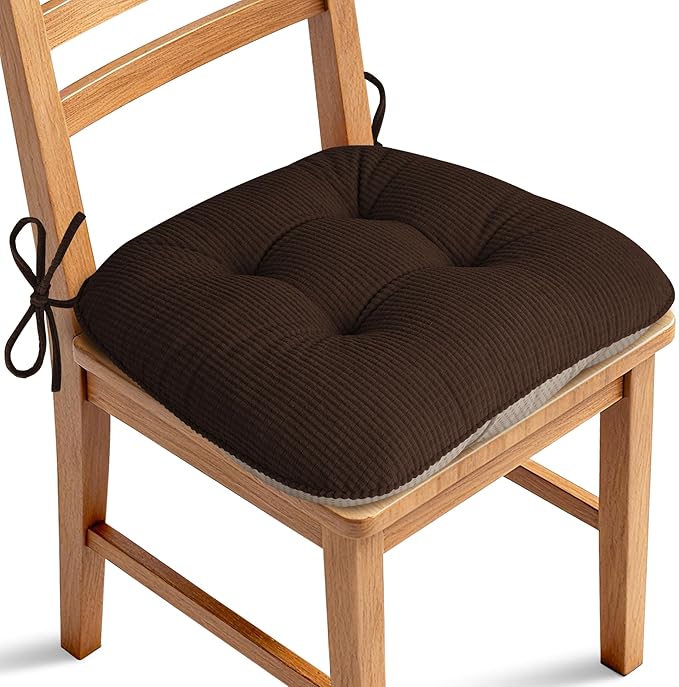 ELFJOY Dining Chair Cushions 1 Piece Thick Non Slip Kitchen Chair Pads with Ties Comfortable Indoor Kitchen Seat Cushions 18" x 18" x 3" Brown