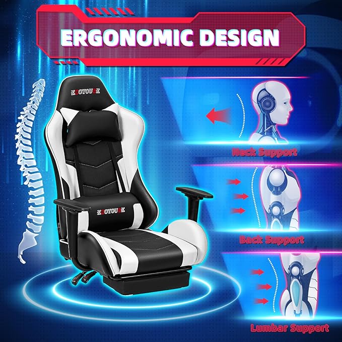 ECOTOUGE PC Massage Gaming Chair with Footrest Ergonomic Office Desk Chair Racing PU Leather Recliner Swivel Rocker with Headrest and Lumbar Pillow,White