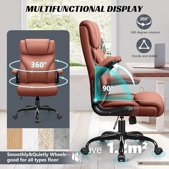 HeroSet Office Chair, Ergonomic Big and Tall Computer Desk Chairs, Executive Breathable Leather Chair with Adjustable High Back Flip-up Armrests, Lumbar Support Swivel PC Chair with Rocking Function