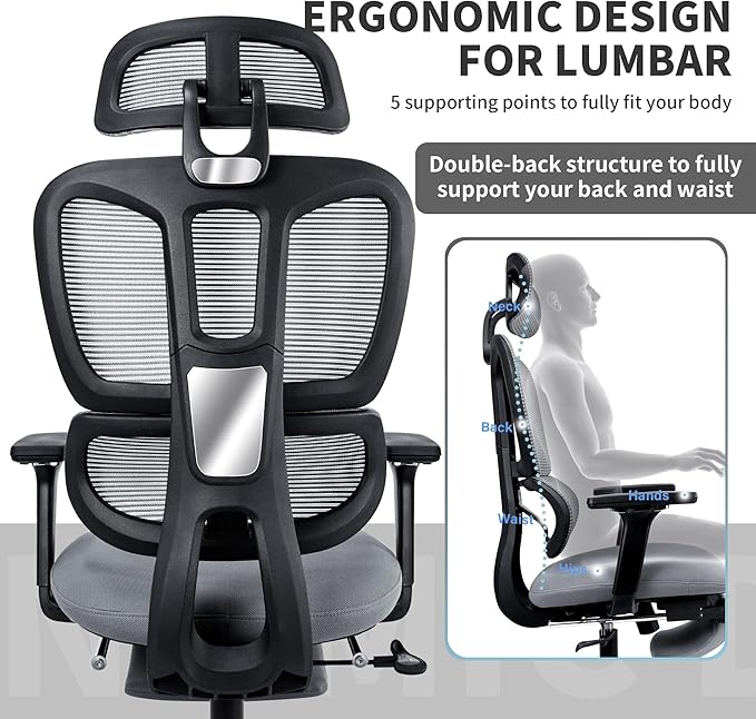 Ergonomic Office Chair with Footrest, 90-135° Reclining High Back Desk Chair with Lumbar Support, 2D Headrest, 4D Armrests, Computer Chair for Long Hours, Dark Grey