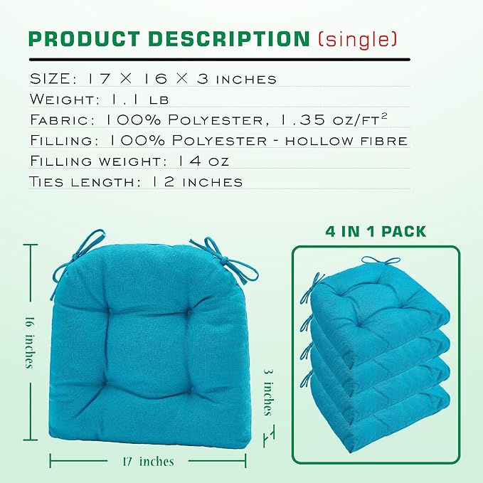 SQUARE MOON Chair Cushions for Dining Chairs, 3 Inch Thick Comfortable Kitchen Chair Pads, Dining Room Seat Cushions with Ties, Machine Washable, 17" x 16" x 3", 4/Pack, Lake Blue