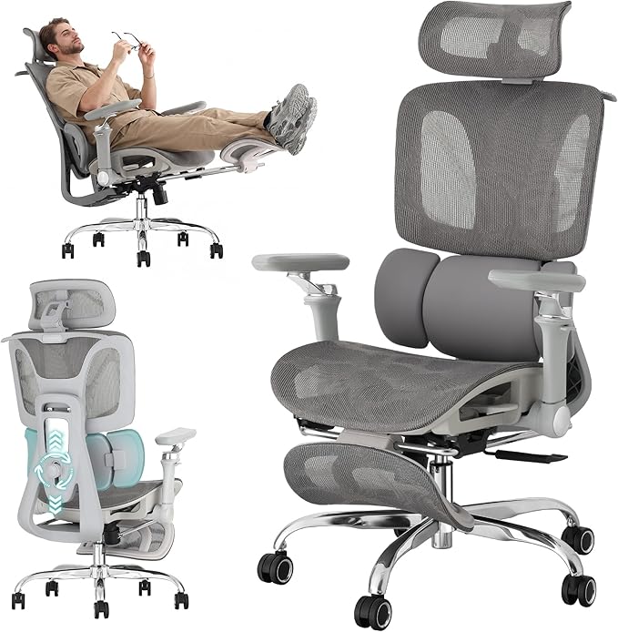 Ergonomic Office Chair with 3-Zone Dynamic Lumbar Support, Big and Tall Mesh Office Chair with Footrest, Adjustable Seat Depth,4D Headrest,6D Armrests, Swivel Executive Chair for Home Office,Grey