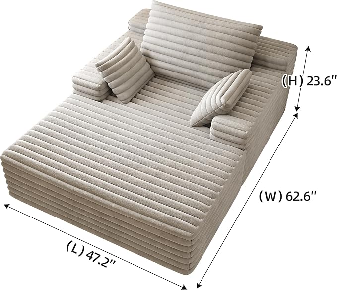 62.6" Oversized Chaise Lounge Chair Indoor,Corduroy Boneless Couch for Living Room,Memory Foam Filled Lounger Sleeper Couch with Pillows,Compress Sofa Bed,No Assembly Required,Grey | Indoor, Corduroy Boneless, Memory Foam Filled, With Pillows, No Assem...