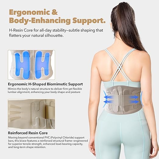 Slim Fit Lower Back Brace – Ultra-Thin Ergonomic H-Shaped Resin Support, Seamless Design for Strong & Comfortable Lumbar Support, Lightweight & Discreet Back Brace (Beige, XX-Large)