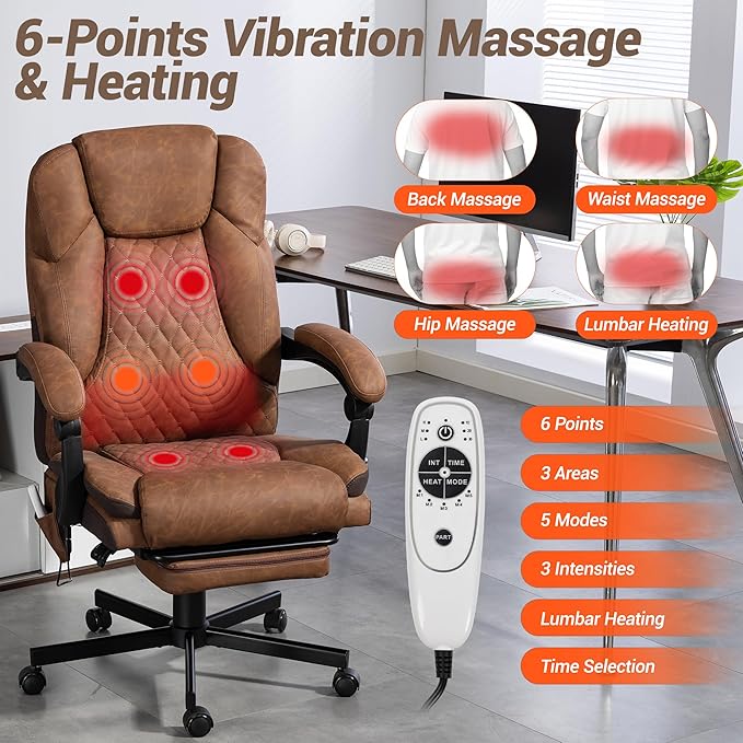 Massage Office Chair with Foot Rest, 6 Points Vibration Heating Executive Chairs Ergonomic Home Office Desk Chair with Reclining Backrest, Adjustable Arms and Lumbar Support, PU Leather, Brown