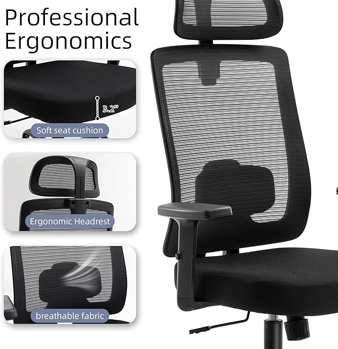 Ergonomic Mesh Office Chair with Headrest, Comfortable Desk Chair for Long Sitting, Breathable Computer Chair with Flip-Up Arms, Adjustable Swivel Chair for Home Office Work Study, Black