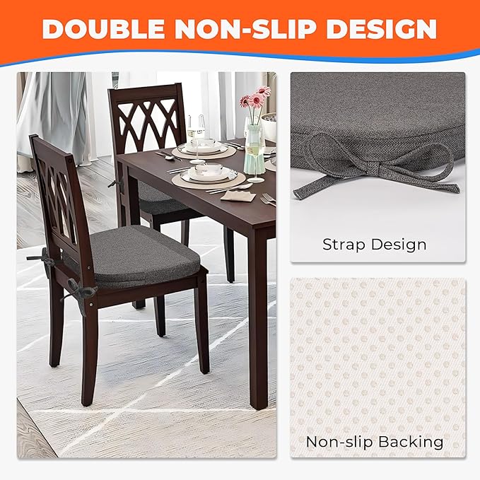 Sunsleek Chair Cushions for Dining Chairs, D-Shaped Seat Cushions with Removable Washable Cover and Ties, Chair Pads for Kitchen, Indoor Dining Room, Patio Chairs, 17'' x 16'', Set of 6, Dark Grey
