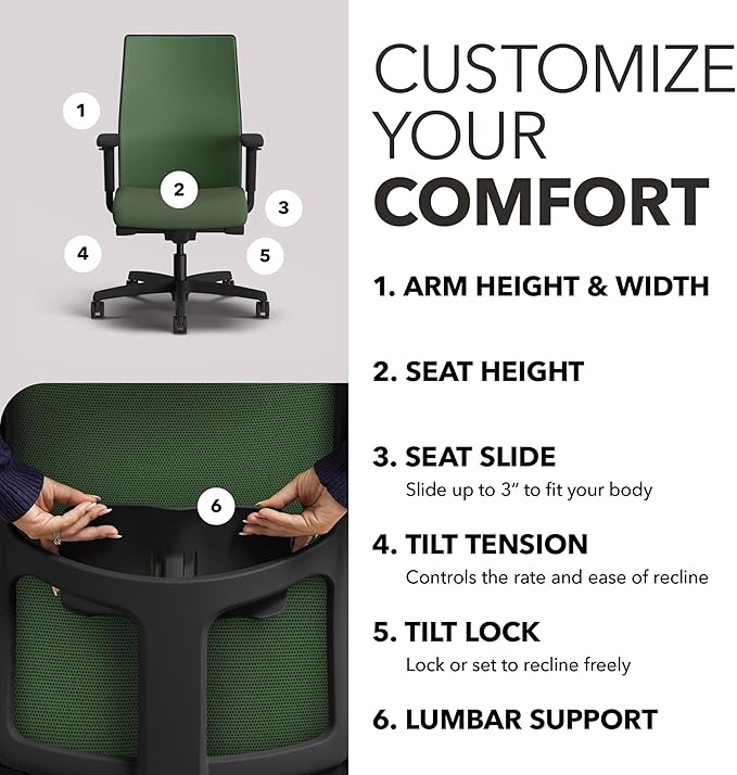 HON Ignition 2.0 Mid Back Task Chair, Spectrum Mesh, Advanced Synchro-Tilt Control, Office Chair with Lumbar Support, Height and Width Adjustable Arms, Black Frame, Leaf