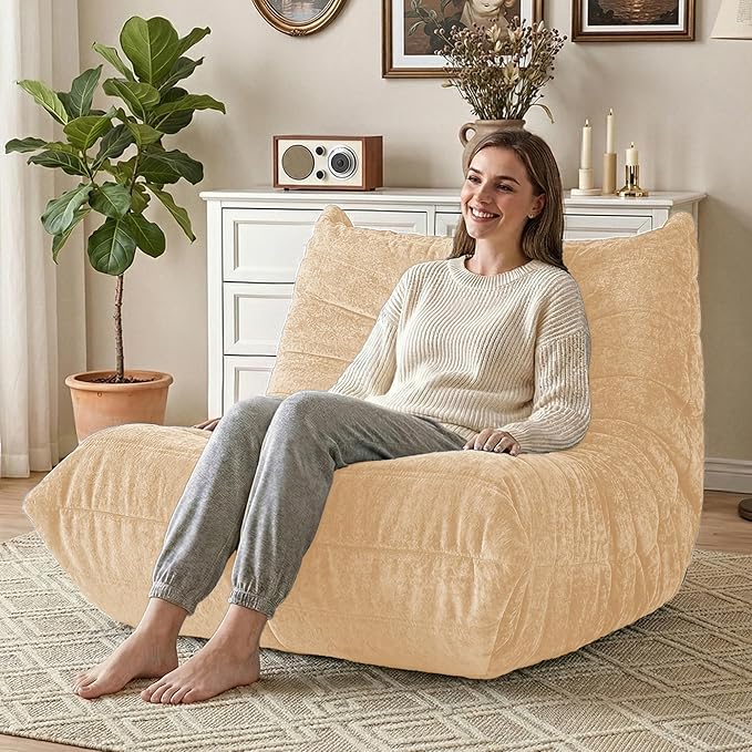 HABUTWAY Bean Bag Chair, Giant Bean Bag Chairs for Adults, Bean Bag Sofa with Filler Faux Fur, Memory Foam Bean Bag Couches Fireside Lazy Sofa for Living Room, Bedroom, Office (Khaki)