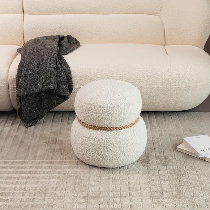14.56" Snowman Shape Ottoman, Small Foot Stool, Cute Teddy Pouf Footrest, Foot Rest for Couch Sofa, Modern Soft Round Boucle Ottoman Under Desk for Living Room,Apartment,Small Space (White)