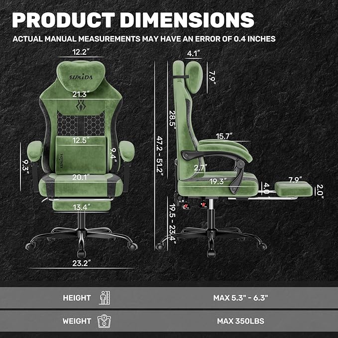 SUKIDA Fabric Video Gaming Chair, Ergonomic High-Back Computer Game Chairs with Large Massage Adjustable Lumbar Support, Headrest and Linked Armrests for Long Hours Sitting Task Chair, Green