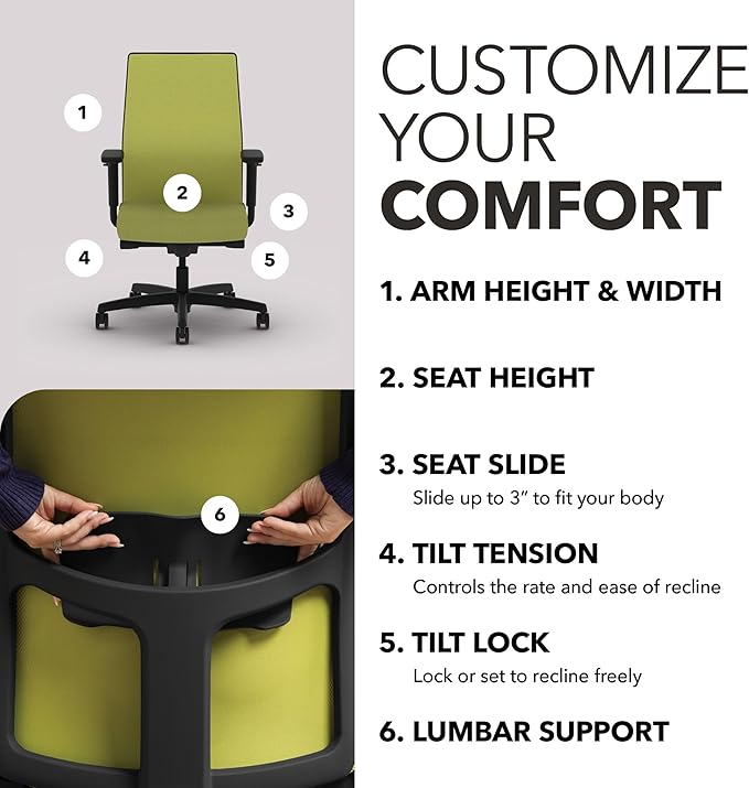 HON Ignition 2.0 Mid Back Task Chair, Spectrum Mesh, Advanced Synchro-Tilt Control, Office Chair with Lumbar Support, Height and Width Adjustable Arms, Black Frame, Pear