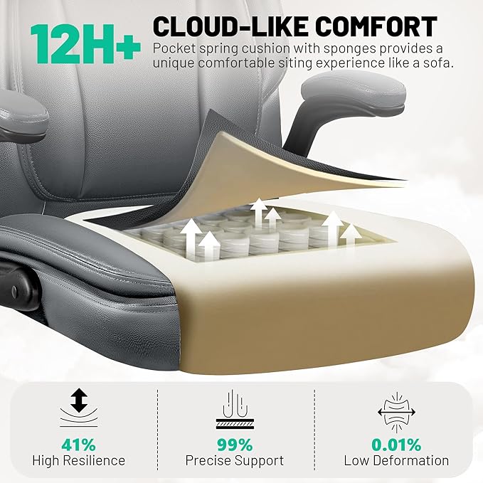 BestGlory Ergonomic Office Chair, PU Leather High Back Desk Chair with Adjustable Headrest and Padded Flip-Up Arms, Lumbar Support Computer Chair for Home Office Gaming, Grey