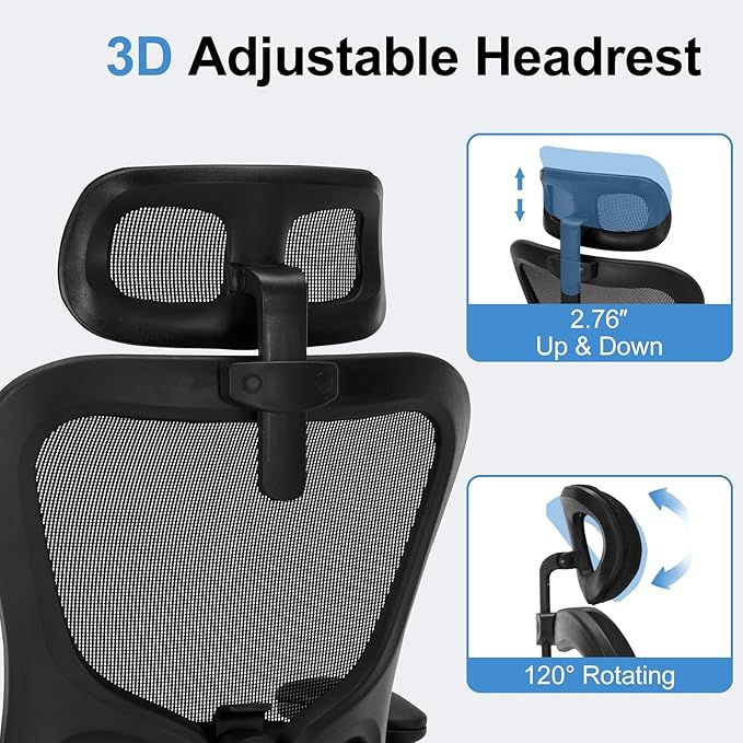 Office Chair Ergonomic Desk High Back Mesh Chair with Adjustable Lumbar Support & Headrest, Flip-Up Armrests, 300lbs Capacity Swivel Computer Chair for Home Office, Black