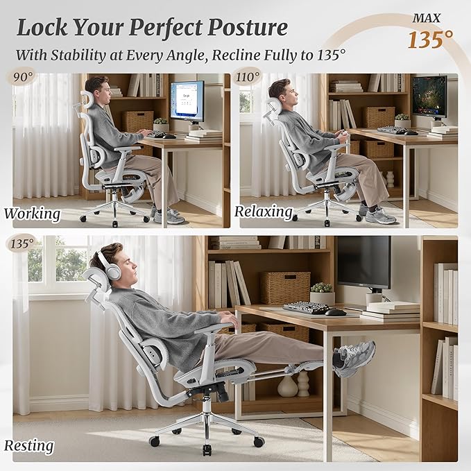 Cozyman Ergonomic Office Chair with Footrest - 5-Level Adjustable Lumbar Support & 90-135°Recline, 3D Headrest & 4D Armrests, Breathable Mesh Seat Computer Chair for Home Office, Gaming, Light Grey