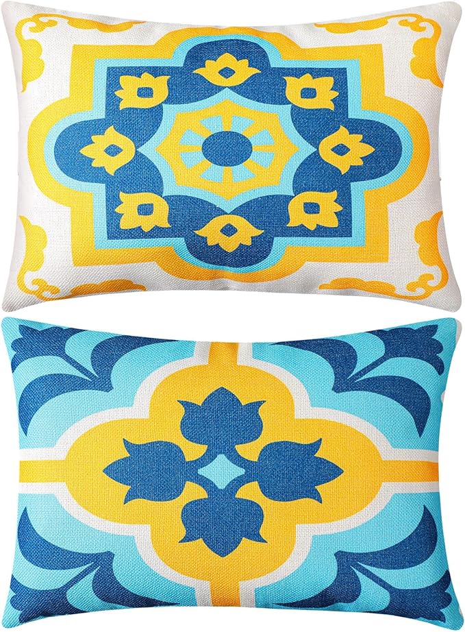 Juexica 2 Pack Chaise Lounge Pillow with Strap Outdoor Waterproof Beach Chair Neck Headrest Pillow Adjustable Elastic Band for Hammock Lumbar Recliner Pillows for Patio Pool Chair(Boho Blue Flower)