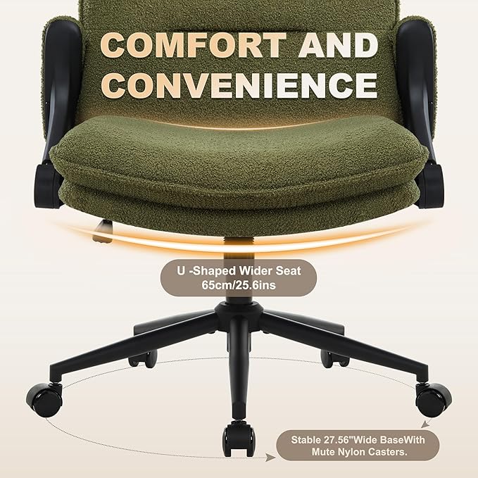 Criss Cross Legged Office Chair with Wheels and Flip-Up Arms, Ergonomic Wide Seat Desk Chair with Thick Padded, Height Adjustable Criss Cross Chairs for Home Office, Bedroom,Vanity,Green