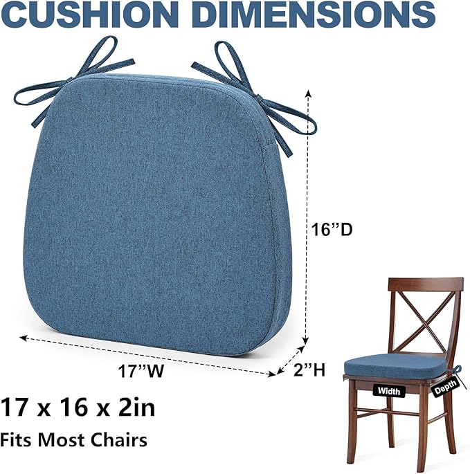 Shinnwa Chair Pad for Dining Chair, Non-Slip Kitchen Chair Cushion with Detachable Straps and Machine Washable Cover, 17x16x2in, Blue