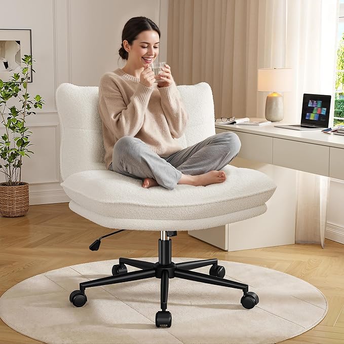 DurayLoly Criss Cross Chair with Wheels, 6.2" Extra Thick Cross Legged Office Chair, Height Adjustable Swivel Design for Home Office, Study & Vanity,White