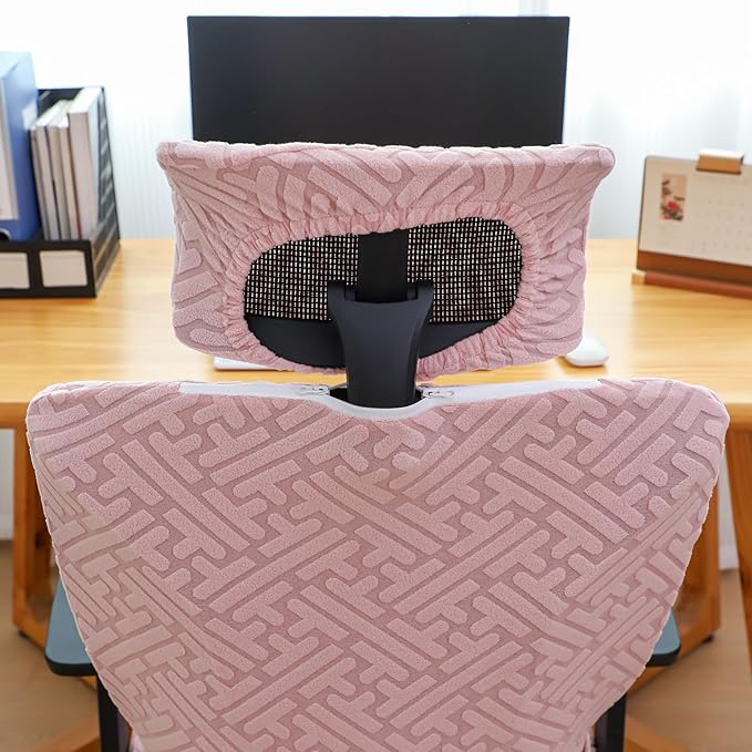 Pink Ergonomic Office Chair Covers Set with Headrest Cover Jacquard 2 Pieces Stretch Desk Computer Office Chair and Headrest Slipcovers Washable