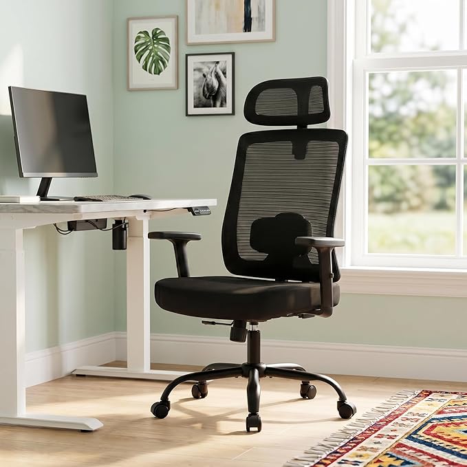 Ergonomic Mesh Office Chair with Headrest, Comfortable Desk Chair for Long Sitting, Breathable Computer Chair with Flip-Up Arms, Adjustable Swivel Chair for Home Office Work Study, Black