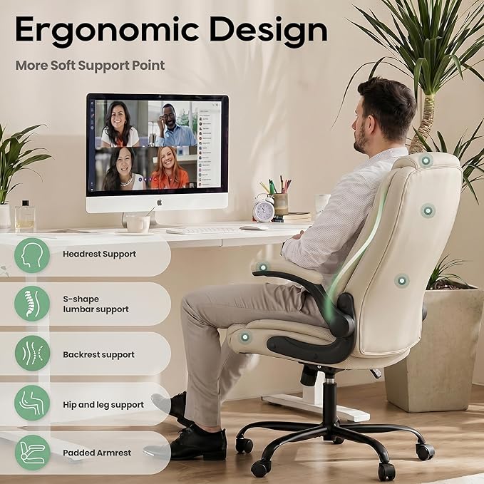 MALOL Leather Office Chair, Home Desk Chair with Adjustable Lumbar Support, Thick Cushion, Flip-Up Arms and Ergonomic Back, Comfy Executive Office Chair for Home Office,Beige
