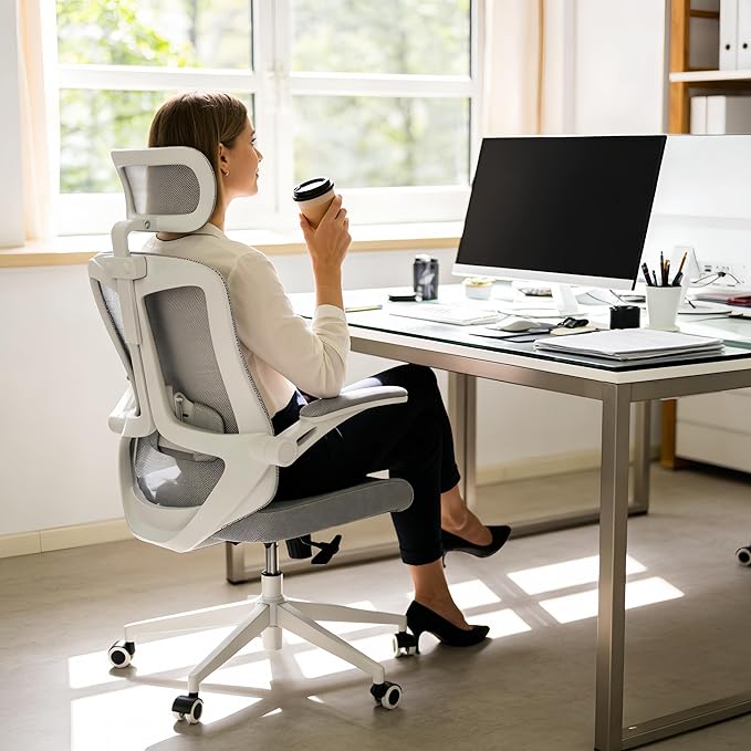 Ergonomic Office Chair - 350LB Comfy Desk Chairs with Adjustable Headrest and Lumbar Back Support, Mesh Computer Chairs with Wheels and Arms for Home Office, Study (Gray-with Headrest)