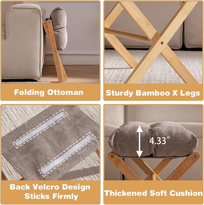 Baveke Folding Foot Stool, Small Accent Ottoman with Thick Cotton Cushion & Bamboo X Legs, Modern Padded Sofa Stool for Makeup Bedroom Living Room (Brown)