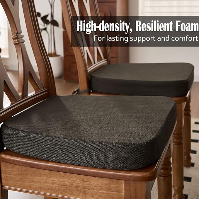 2'' Thick High-Density Foam Indoor Chair Cushions | Dining Chair Pads with Ties, Removable Washable Cover, Kitchen Chair Cushions 17"x16", Dark Brown 4 Pack