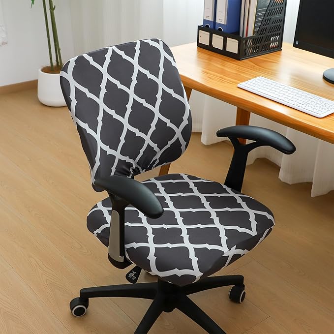 FORCHEER Split Office Chair Covers Two Pieces Stretch Plaid Pattern Grey Separated Desk Chair Slipcover Washable