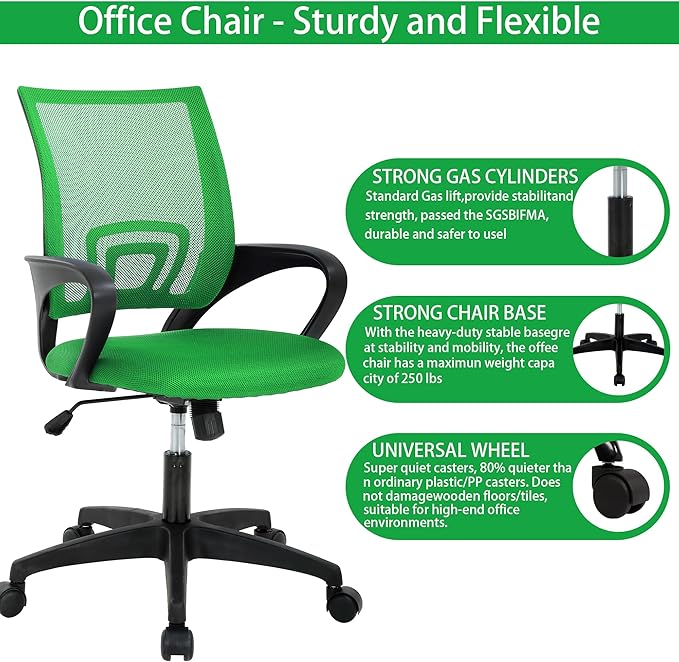 Home Office Chair Ergonomic Desk Chair Mesh Computer Chair with Lumbar Support Armrest Executive Rolling Swivel Adjustable Height Mid Back Chair for Adults, PVC Base, Green