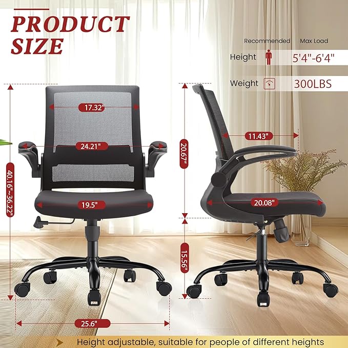 Mesh Office Chair with Flip-Up Armrests – Standard Issue Office Chair, Swivel Rolling Desk & Work Chair with Lumbar Support, Ergonomic Computer Chair for Home Office, Corporate Office, Black
