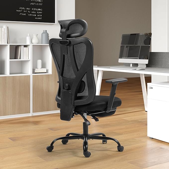 ECOTOUGE Big and Tall Office Chair, Ergonomic High Back with Adjustable Headrest & Lumbar Support, Wide Cushion Mesh Desk Chair with Retractable Footrest, Home Office/Gaming/Study Chair, Black