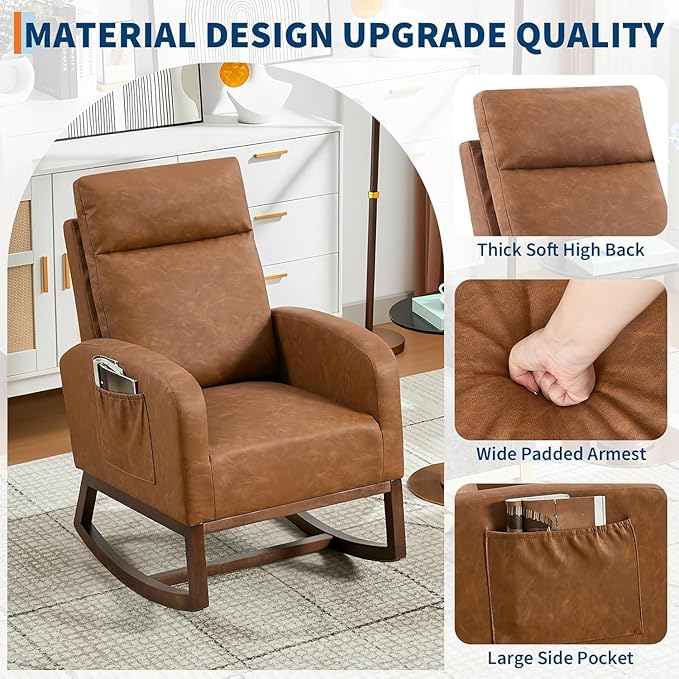 Nursery Rocking Chair, Comfy Modern Glider Rocking Chair with High Backrest and Armrest, Teddy Upholstered Rocking Accent Chair with Side Pockets for Living Room, Bedroom, Office,Brown